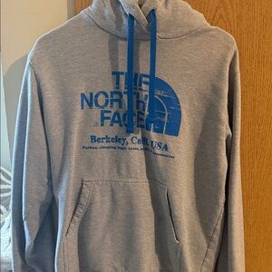The North Face Gray Crewneck Hoodie with Blue Logo & Drawstrings